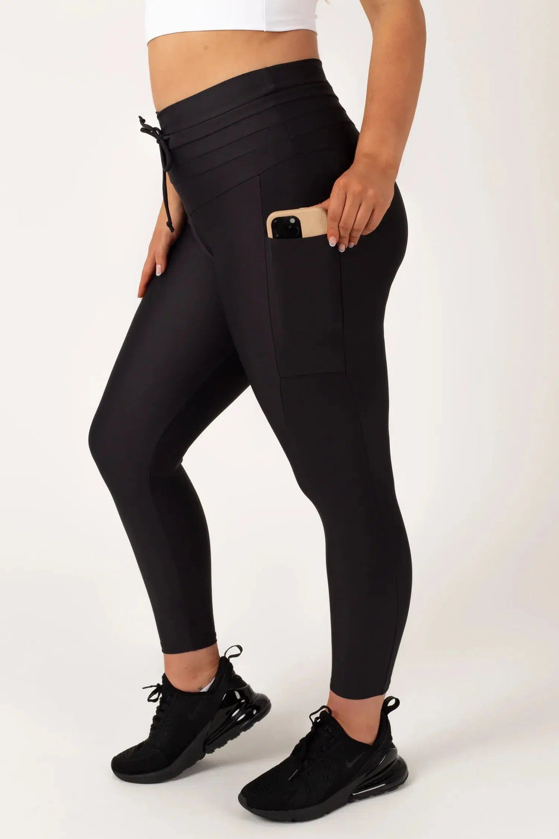 Performance Panel Pocket Drawstring High Waisted 7/8 Leggings - Black-Activewear-Exoticathletica