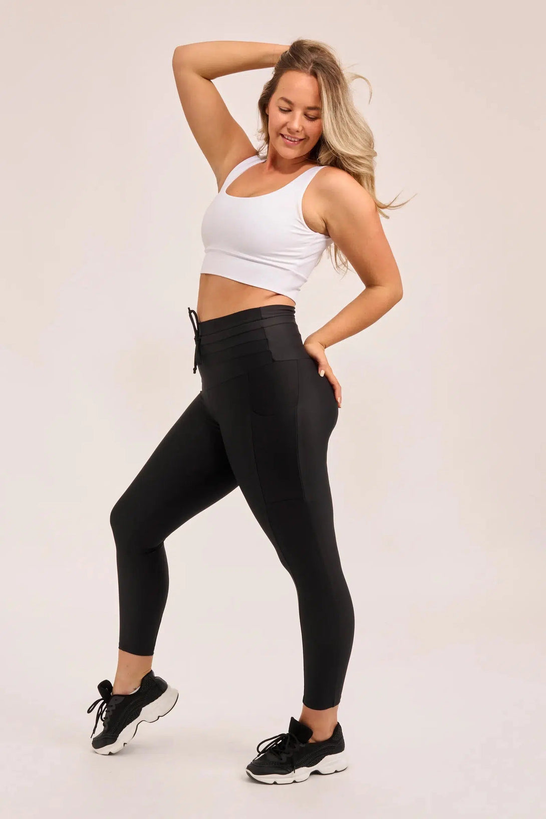 Performance Panel Pocket Drawstring High Waisted 7/8 Leggings - Black-Activewear-Exoticathletica