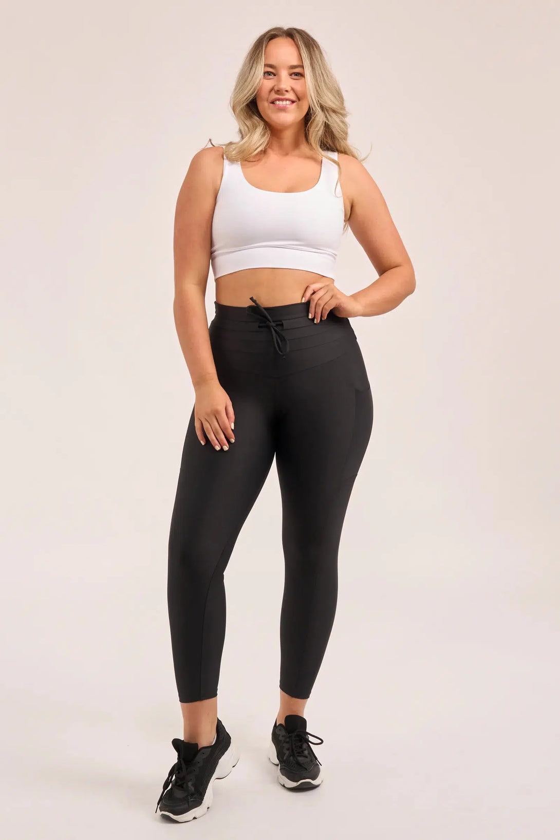 Performance Panel Pocket Drawstring High Waisted 7/8 Leggings - Black-Activewear-Exoticathletica