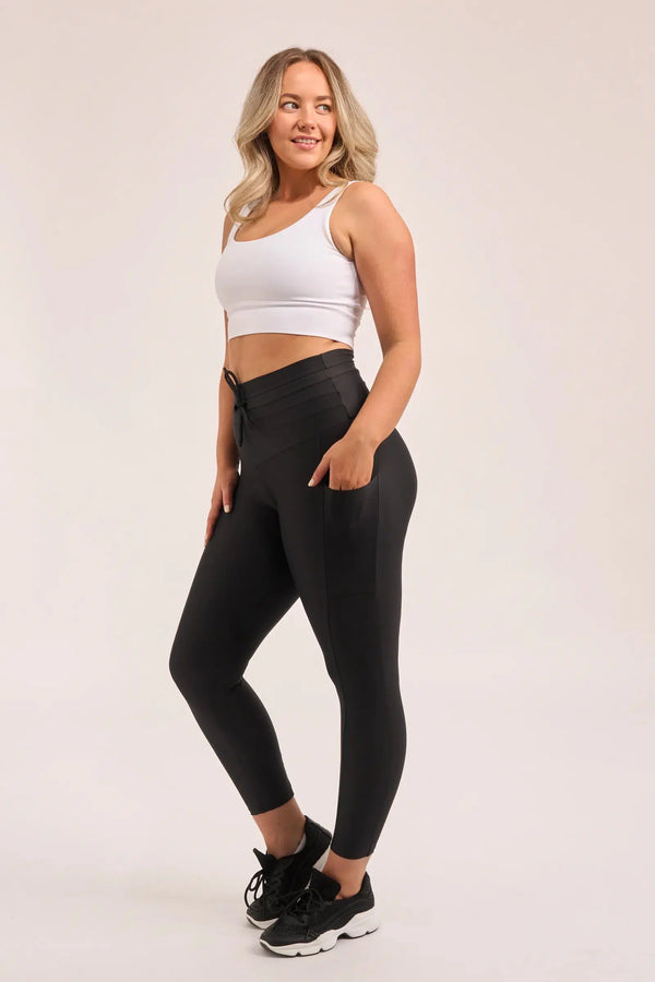 Performance Panel Pocket Drawstring High Waisted 7/8 Leggings - Black-Activewear-Exoticathletica