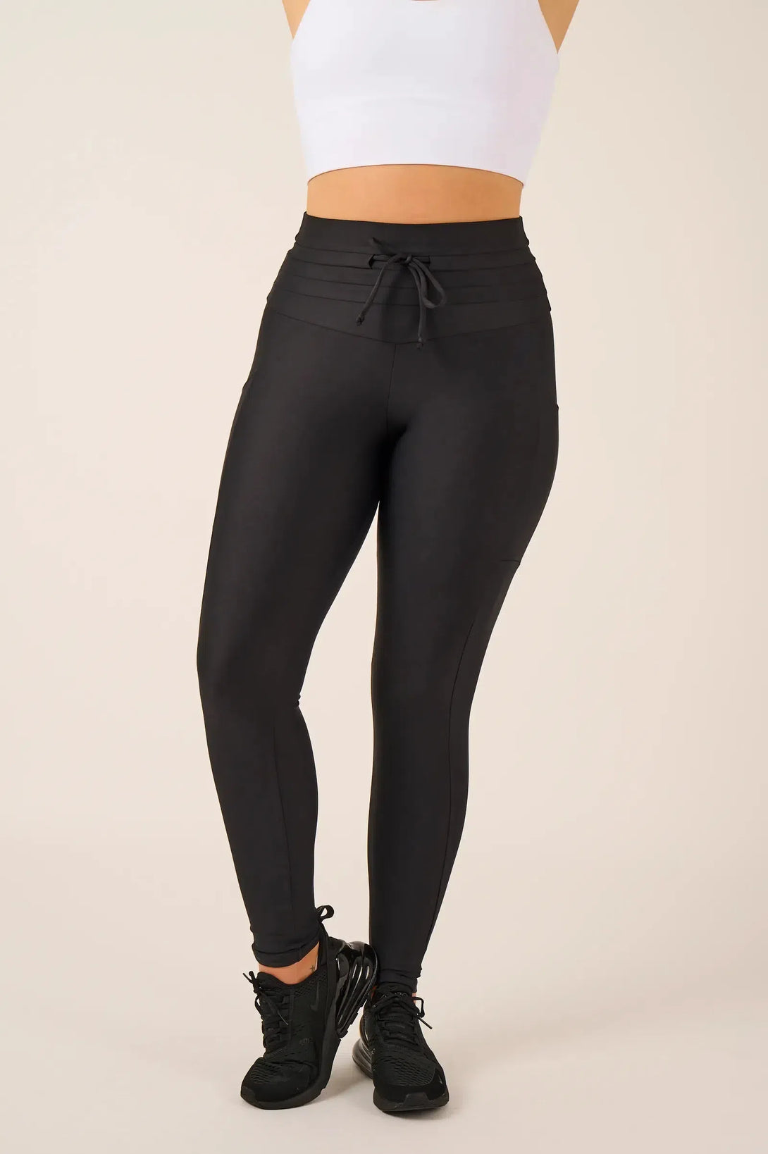 Performance Panel Pocket Drawstring High Waisted Leggings - Black-Activewear-Exoticathletica