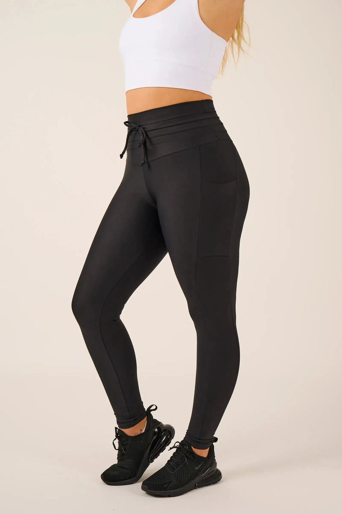 Performance Panel Pocket Drawstring High Waisted Leggings - Black-Activewear-Exoticathletica