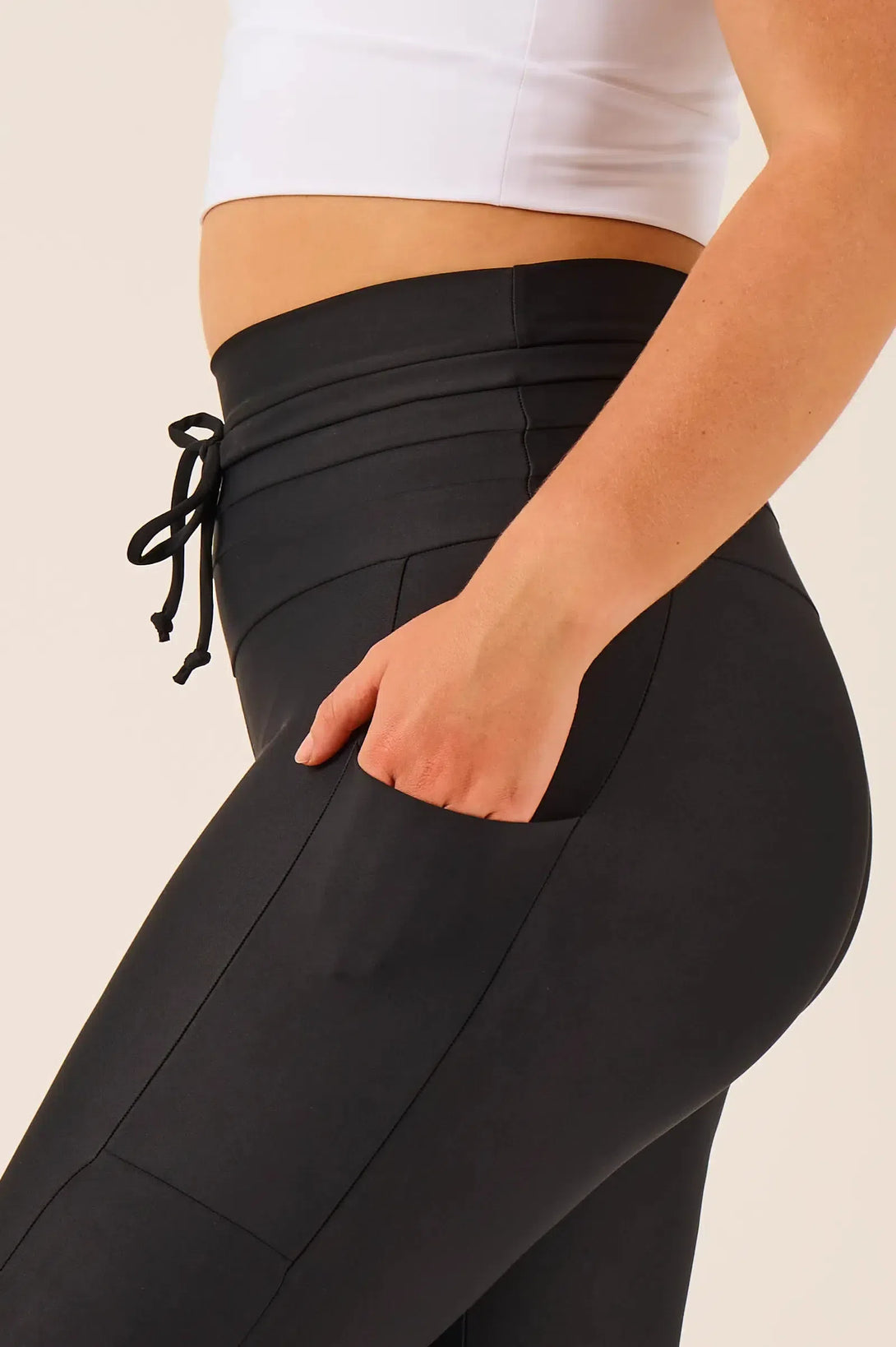 Performance Panel Pocket Drawstring High Waisted Leggings - Black-Activewear-Exoticathletica