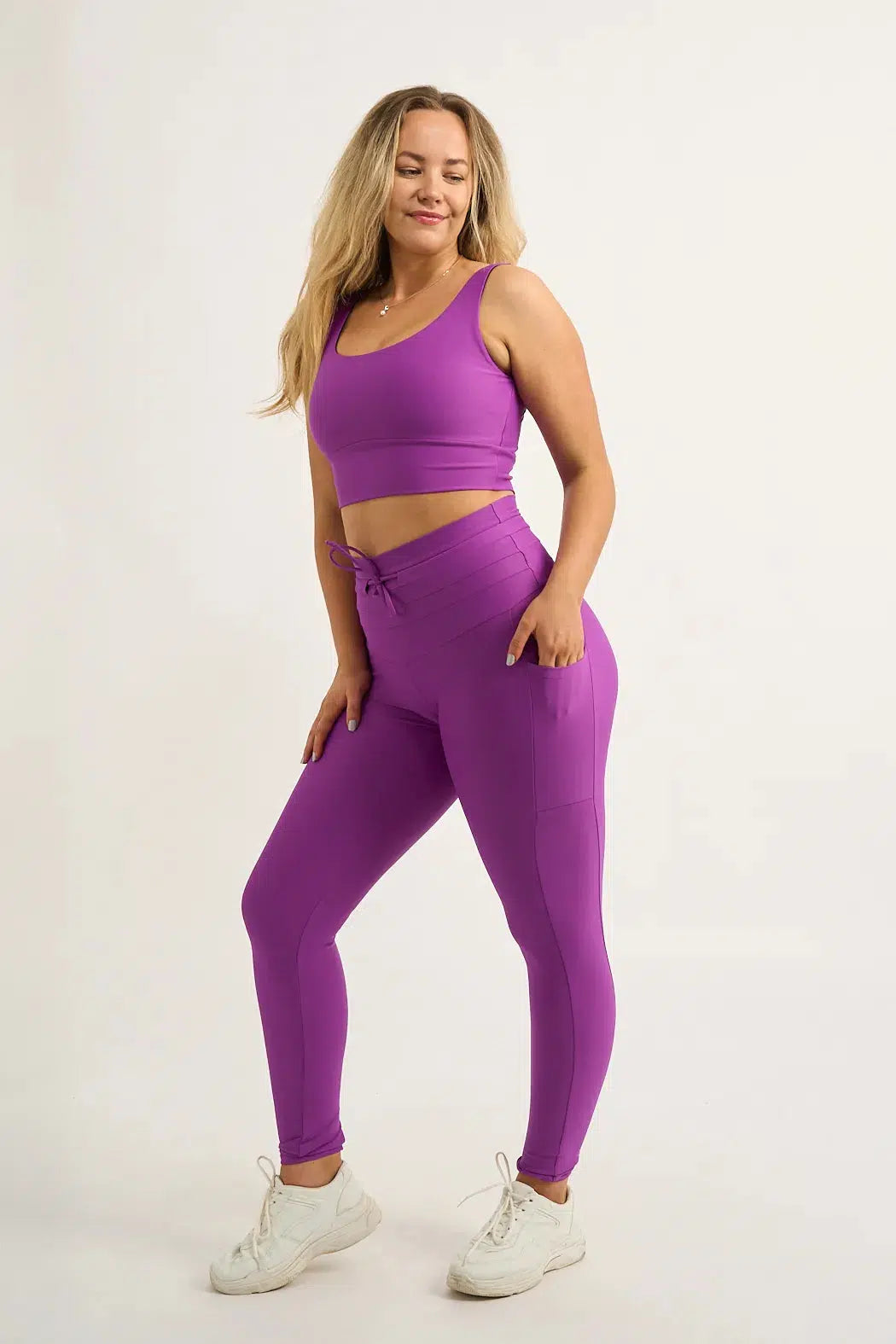 Performance Panel Pocket Drawstring High Waisted Leggings - Purple-Activewear-Exoticathletica