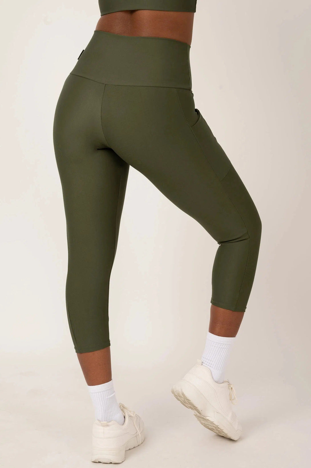 Performance Panel Pocket High Waisted Capri Leggings - Dark Khaki-Activewear-Exoticathletica