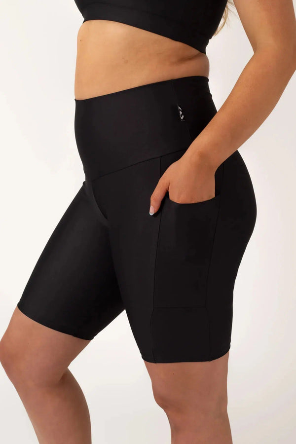 Performance Panel Pocket High Waisted Long Shorts - Black-Activewear-Exoticathletica