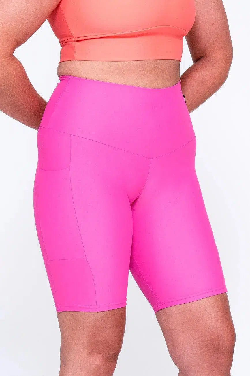 Performance Panel Pocket High Waisted Long Shorts - Candy Pink-Activewear-Exoticathletica