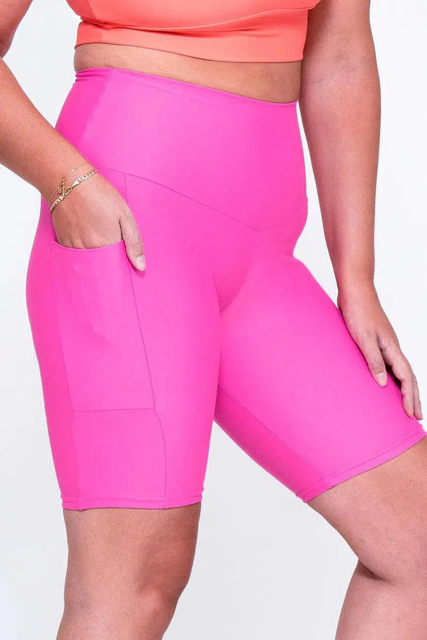 Performance Panel Pocket High Waisted Long Shorts - Candy Pink-Activewear-Exoticathletica