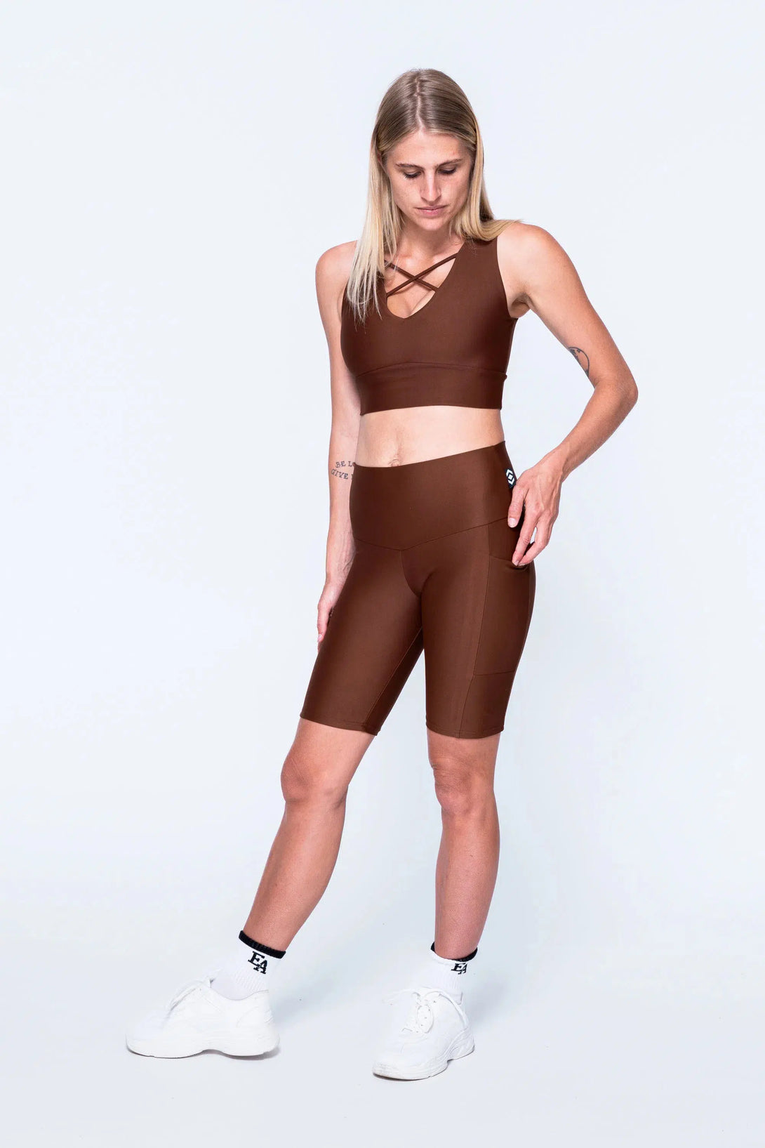 Performance Panel Pocket High Waisted Long Shorts - Chocolate-Activewear-Exoticathletica