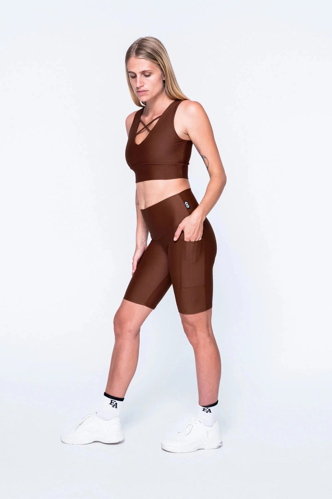 Performance Panel Pocket High Waisted Long Shorts - Chocolate-Activewear-Exoticathletica