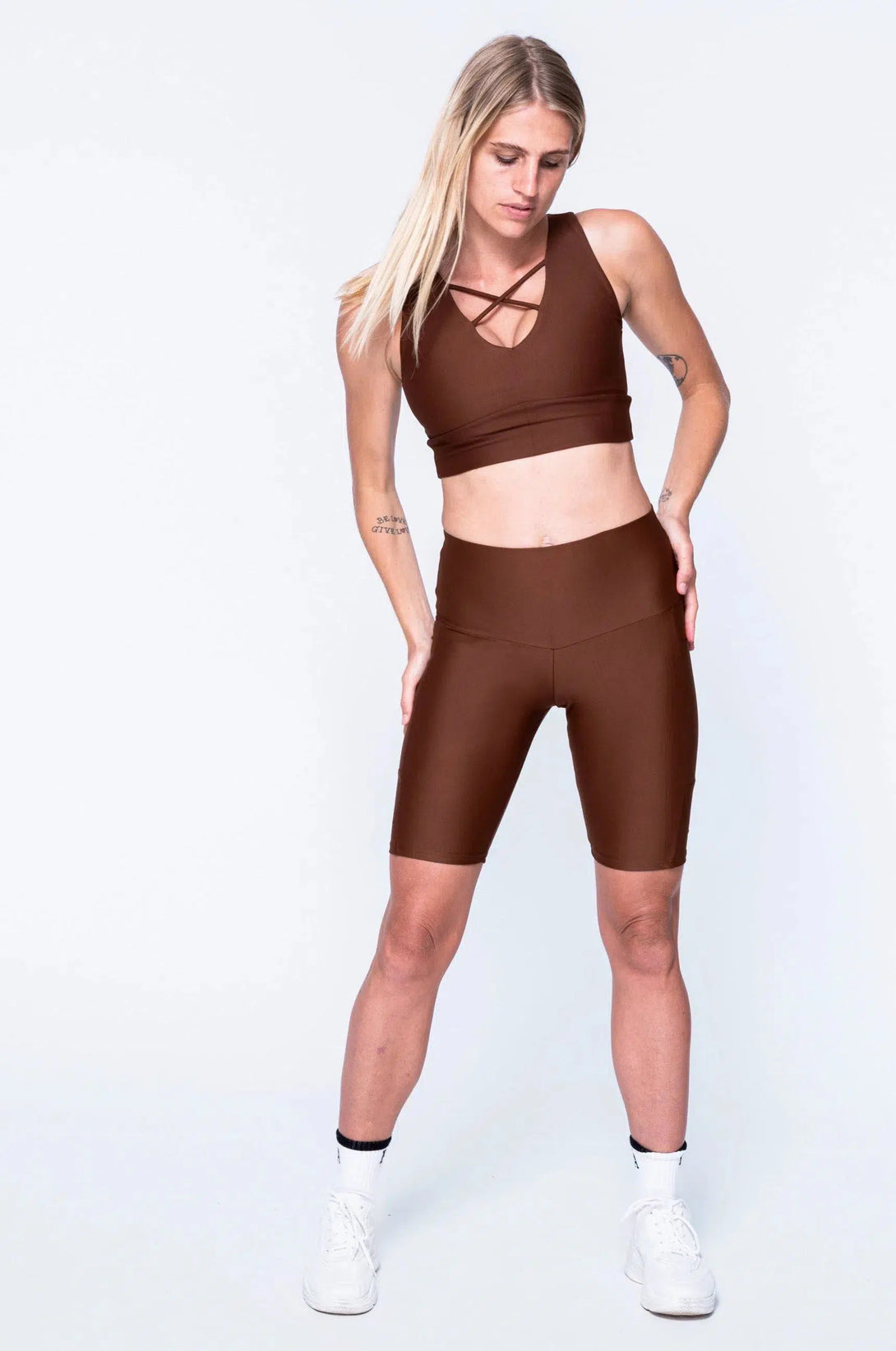 Performance Panel Pocket High Waisted Long Shorts - Chocolate-Activewear-Exoticathletica