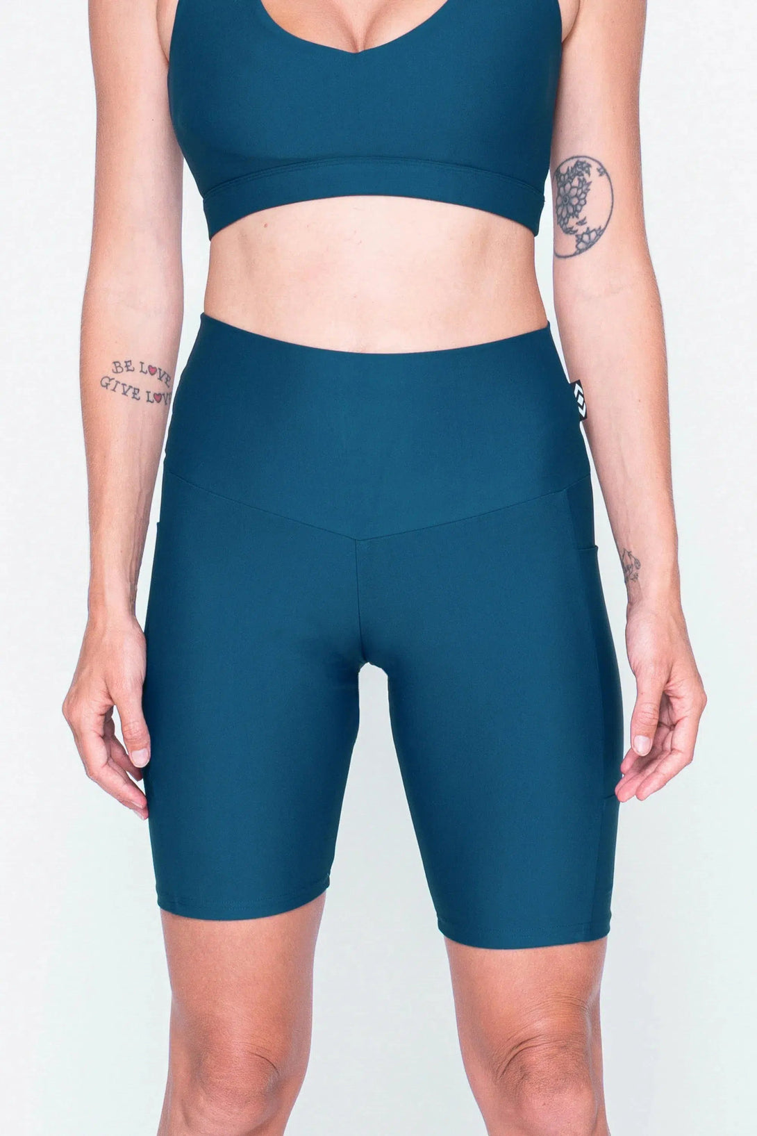 Performance Panel Pocket High Waisted Long Shorts - Dark Teal-Activewear-Exoticathletica