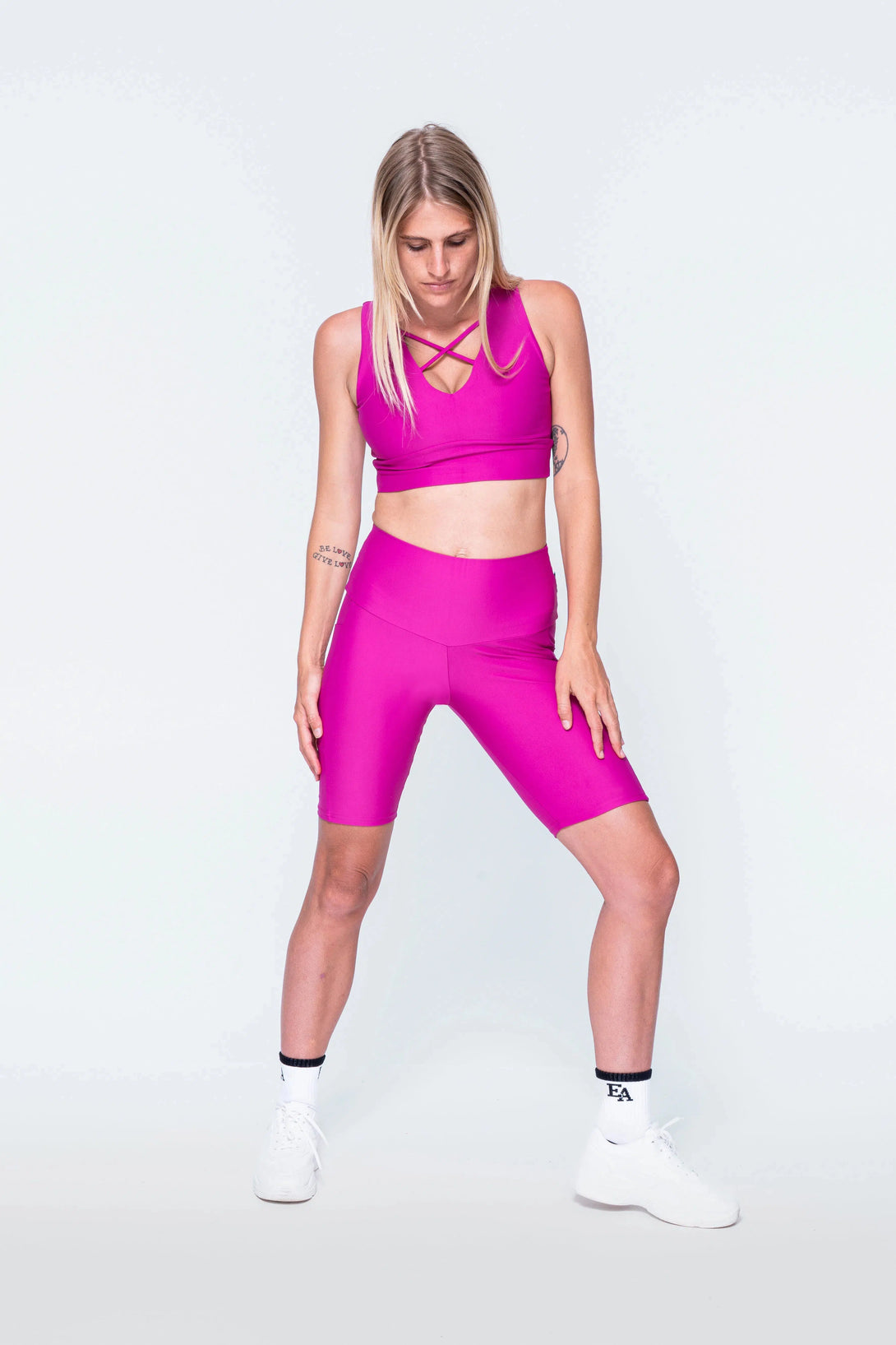 Performance Panel Pocket High Waisted Long Shorts - Magenta-Activewear-Exoticathletica