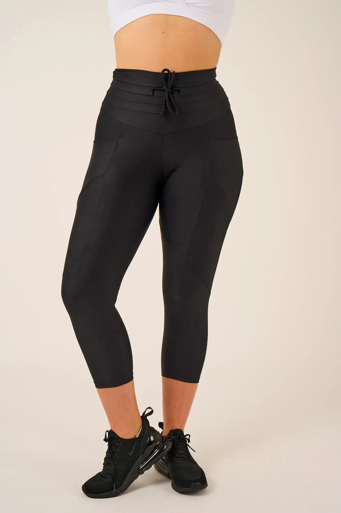 Performance Pocket Booty Shaper Drawstring Capri Leggings - Black-Activewear-Exoticathletica