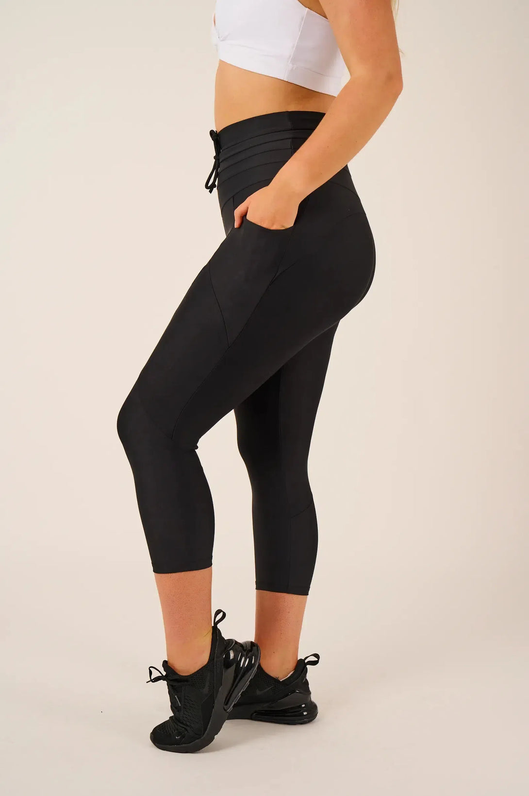 Performance Pocket Booty Shaper Drawstring Capri Leggings - Black-Activewear-Exoticathletica