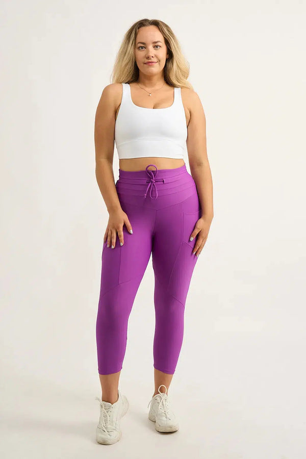 Performance Pocket Booty Shaper Drawstring Capri Leggings - Purple-Activewear-Exoticathletica