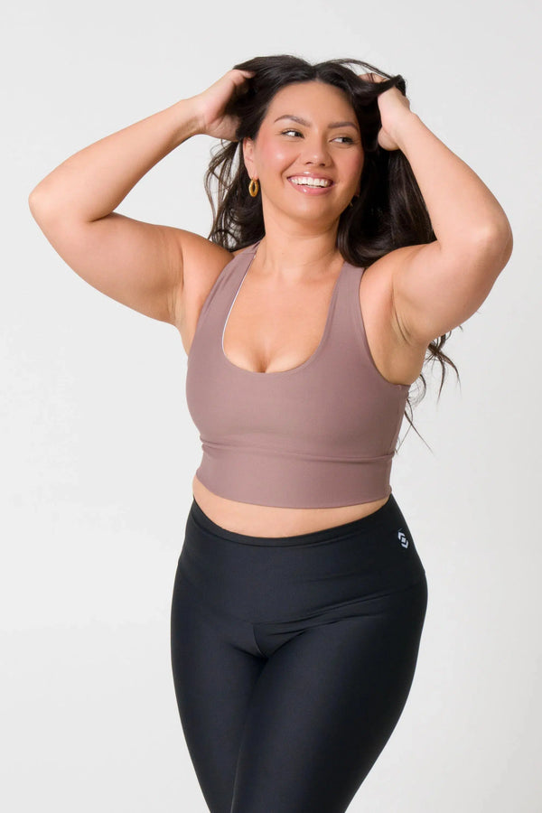 Performance T Back Comfort Crop Top - Mocha-Activewear-Exoticathletica