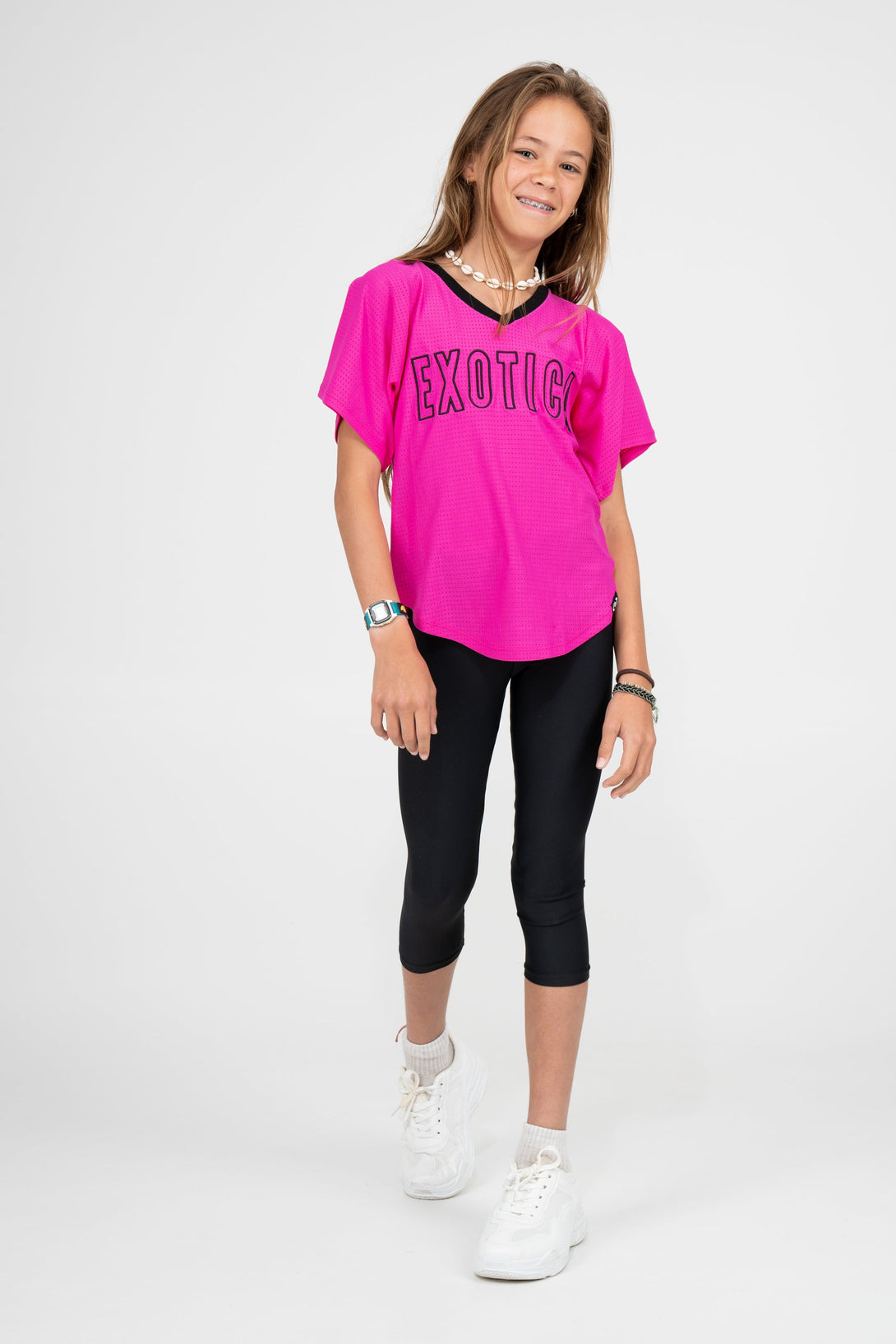 Pink Bball Mesh - Kids V Neck Exotica Black Embroidered Boyfriend Tee-Activewear-Exoticathletica