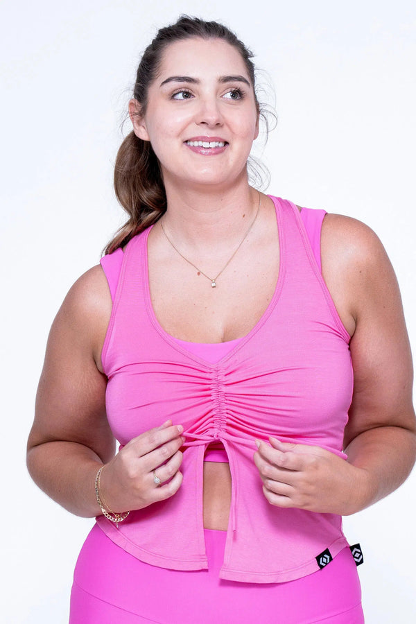 Pink Slinky To Touch - Racer Back Tank Top W/ Cinched Front-Activewear-Exoticathletica