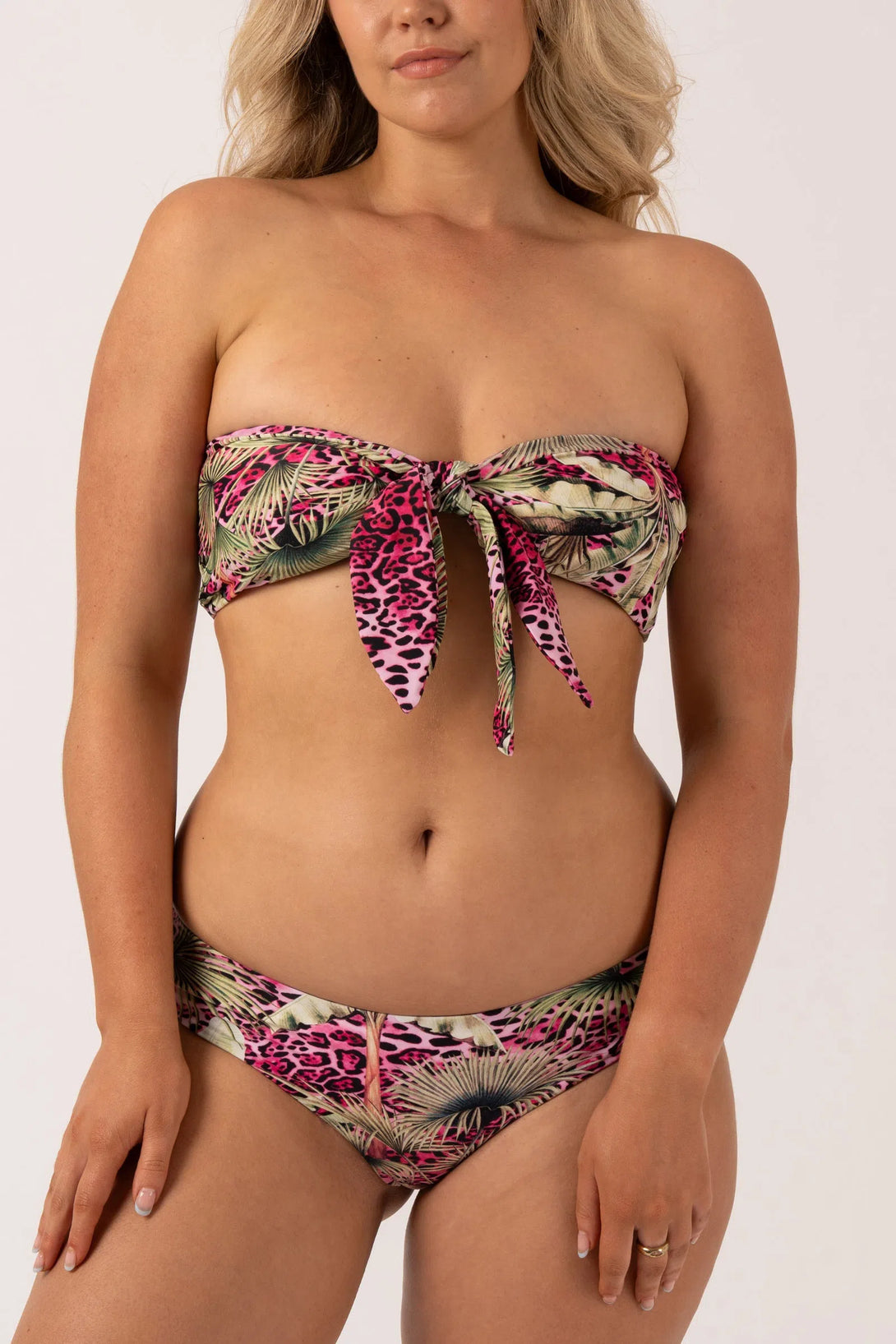 Pink Tropical Leopard Silky - Reversible Bandeau Bow Bikini Top-Activewear-Exoticathletica