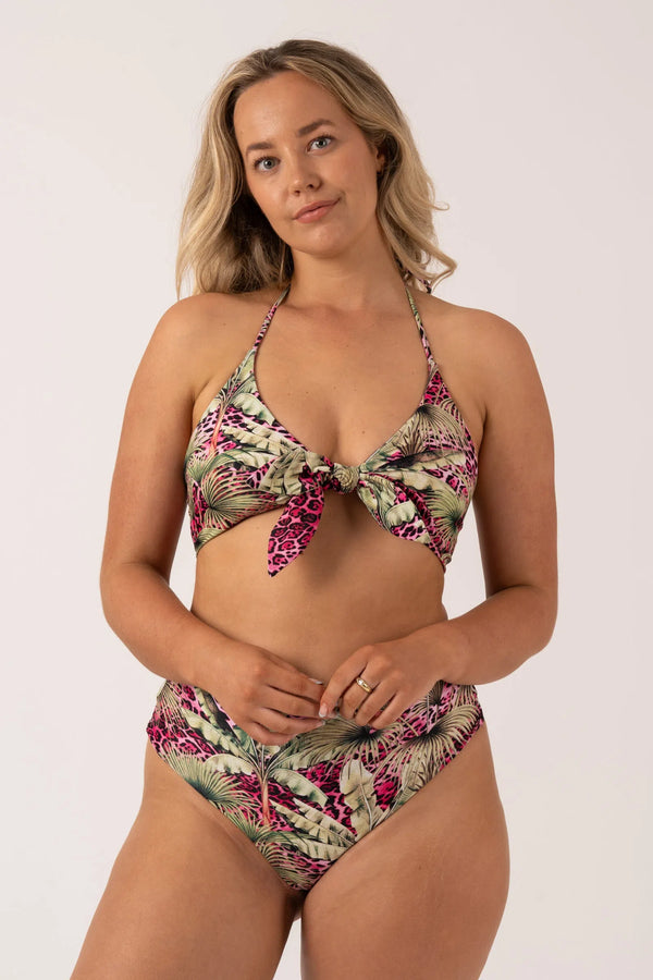 Pink Tropical Leopard Silky - Reversible Halter Bralette Bikini Top-Activewear-Exoticathletica