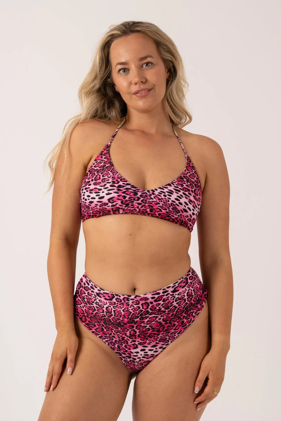 Pink Tropical Leopard Silky - Reversible High Waisted Cheeky Cut Bikini Bottom-9358328388265-Activewear-Exoticathletica