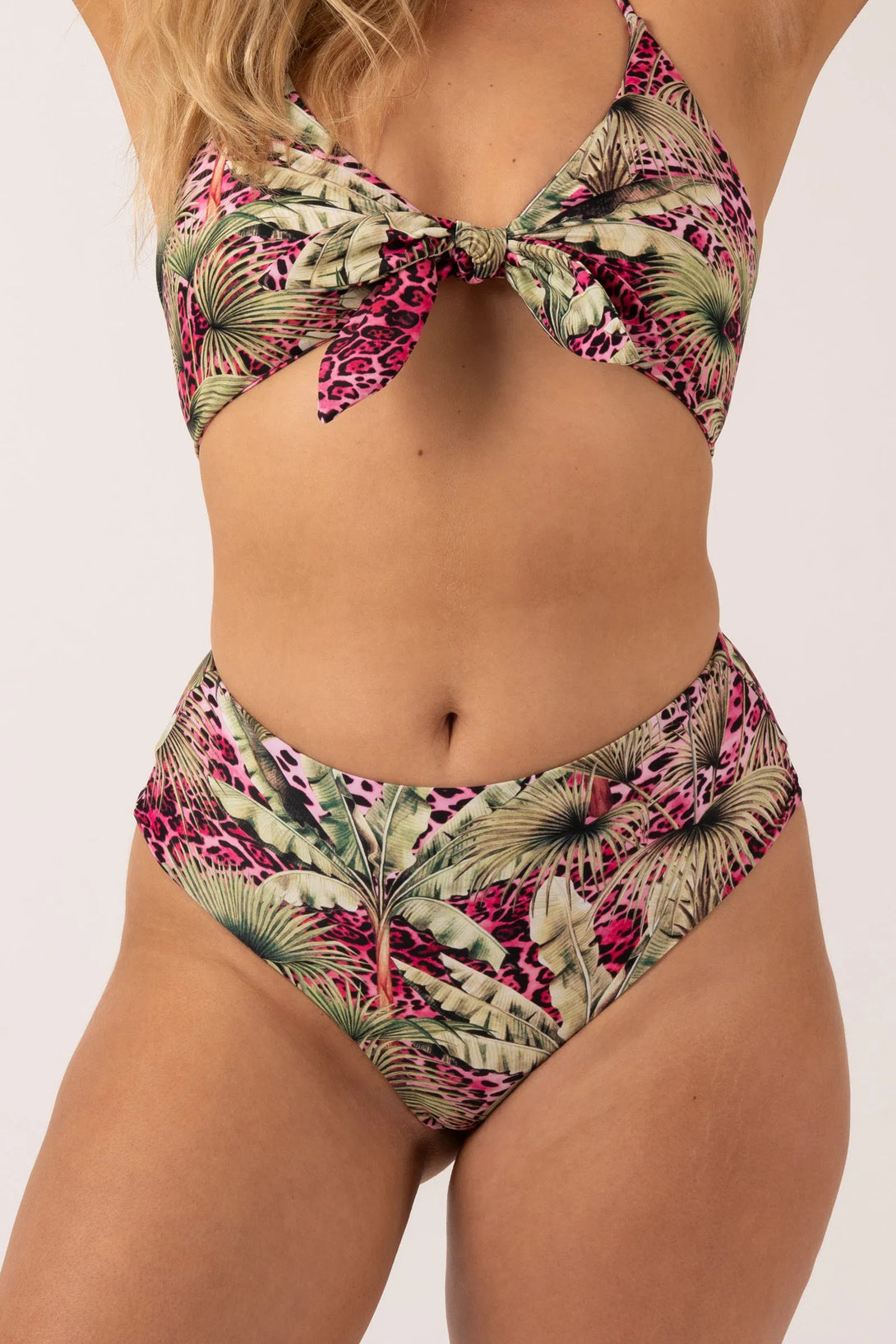 Pink Tropical Leopard Silky - Reversible High Waisted Cheeky Cut Bikini Bottom-Activewear-Exoticathletica