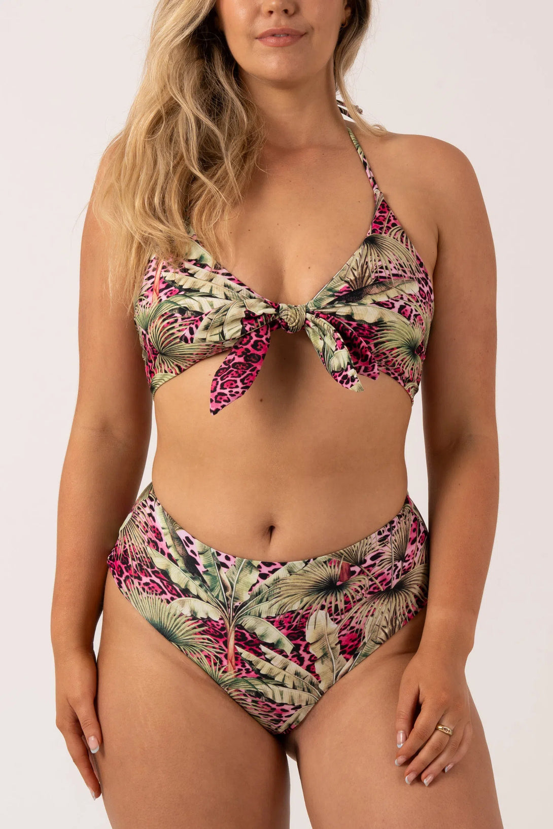 Pink Tropical Leopard Silky - Reversible High Waisted Cheeky Cut Bikini Bottom-Activewear-Exoticathletica