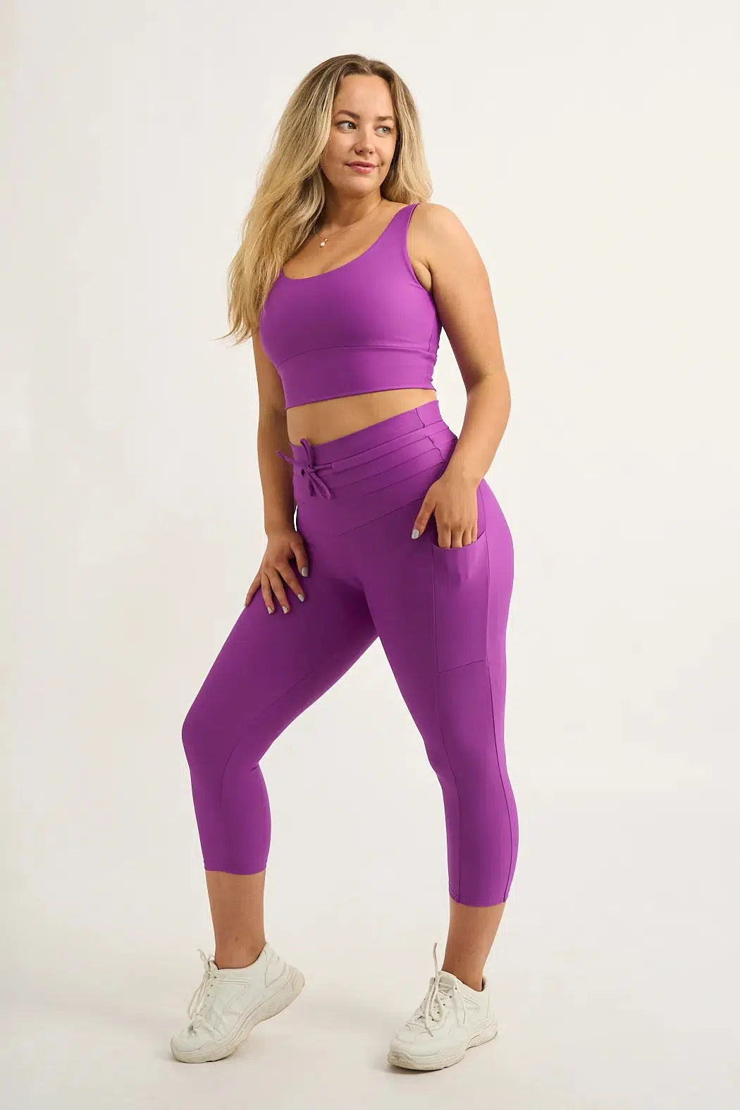 Purple Performance - Panel Pocket Drawstring Capri Leggings-Activewear-Exoticathletica