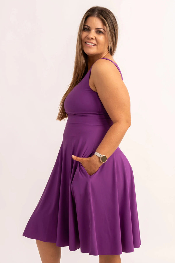 Purple Silky - Scoop Neck Comfort Crop Midi Dress W/ Pockets-Activewear-Exoticathletica