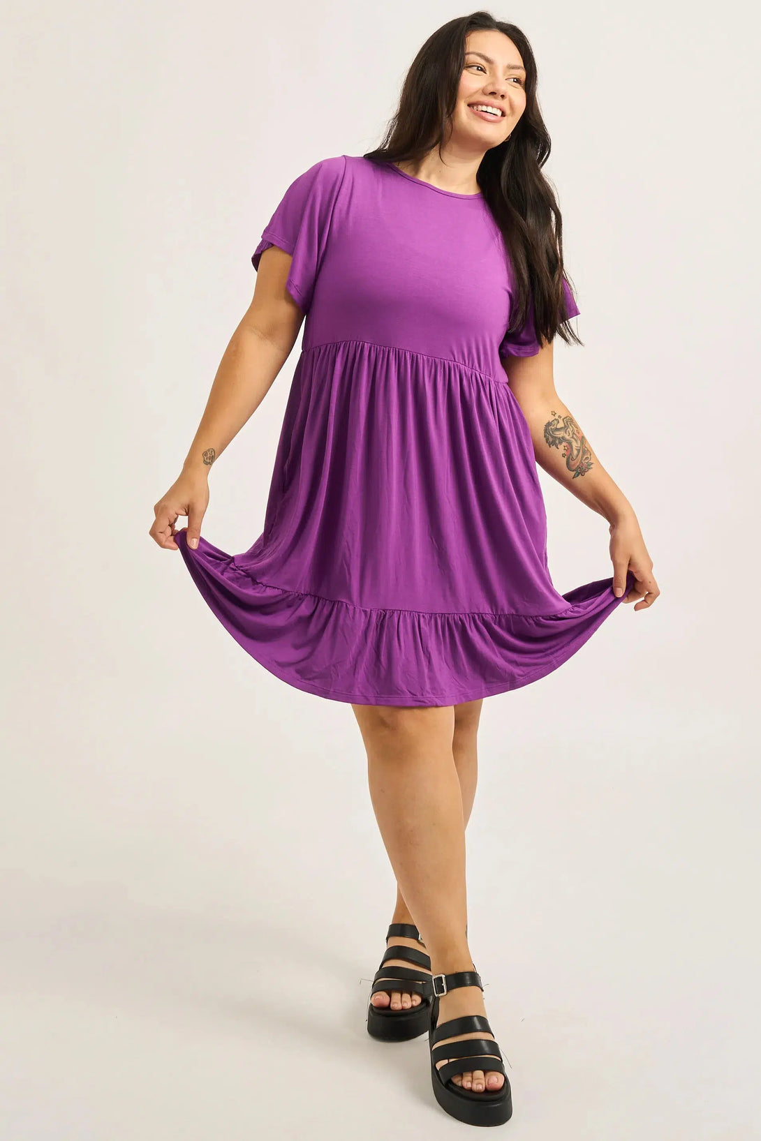 Purple Slinky To Touch - Baby Doll Tiered Mini Dress-Activewear-Exoticathletica