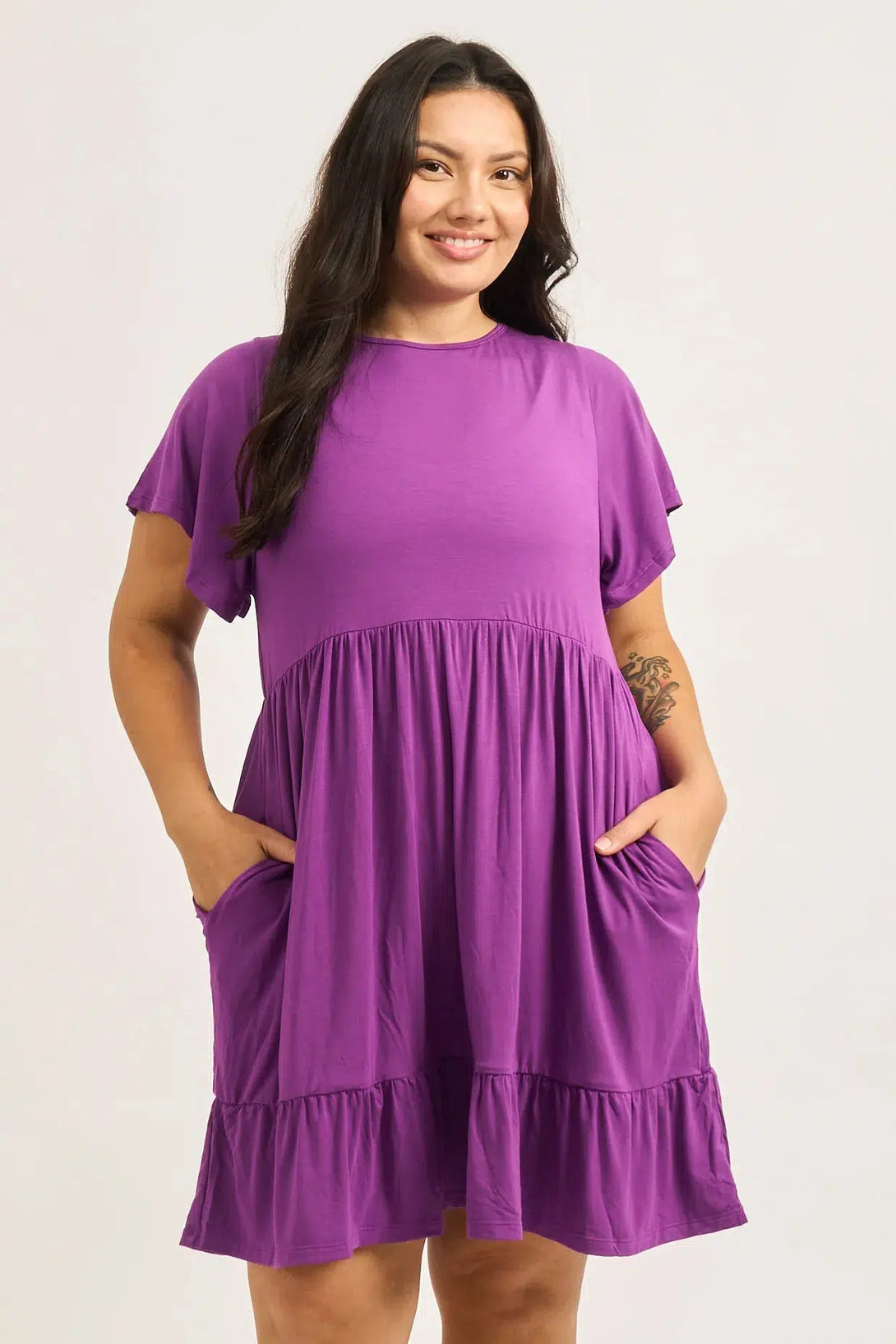 Purple Slinky To Touch - Baby Doll Tiered Mini Dress-Activewear-Exoticathletica