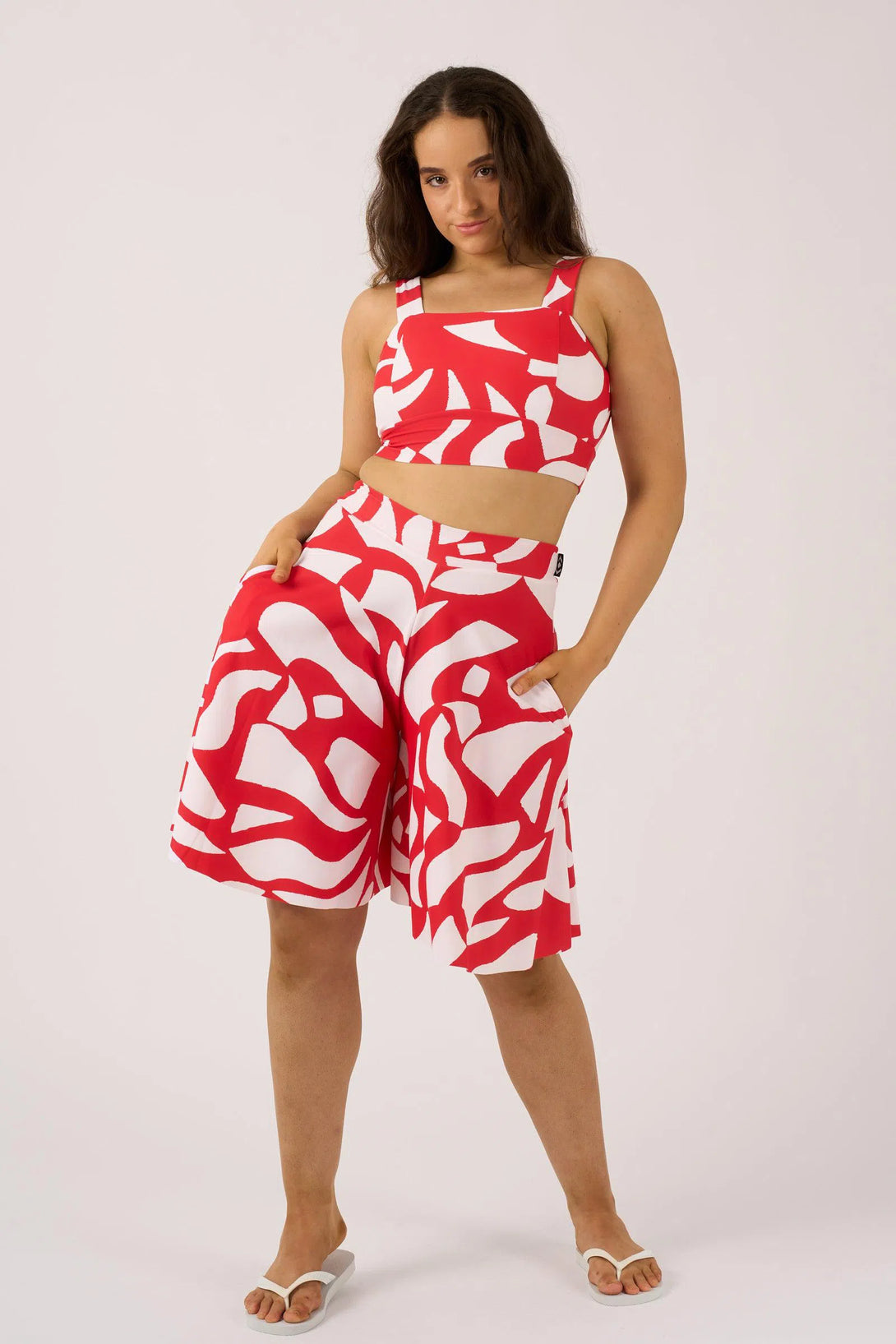 Red Geo Waves Silky - Palazzo Short With Pocket-Activewear-Exoticathletica