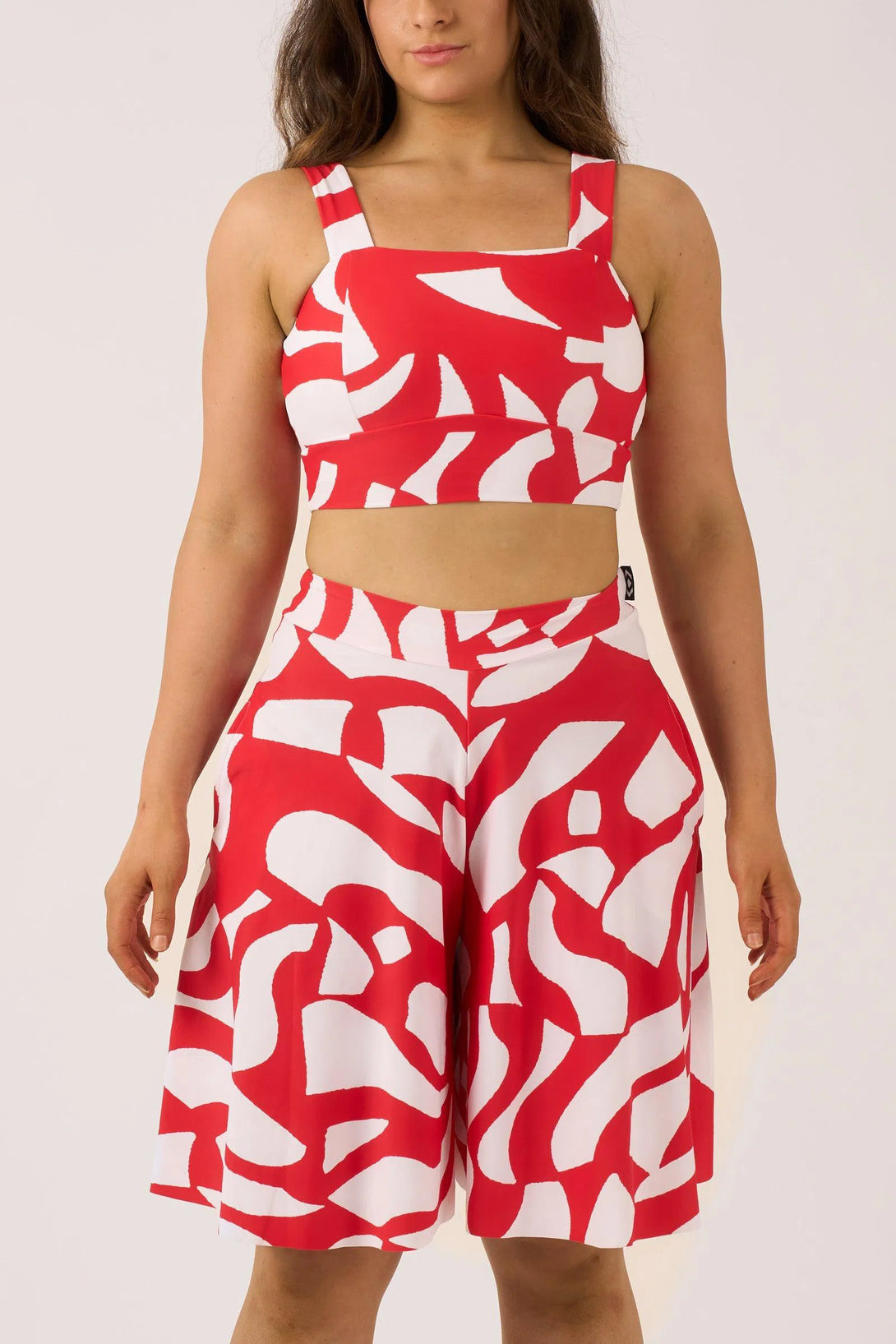 Red Geo Waves Silky - Palazzo Short With Pocket-Activewear-Exoticathletica