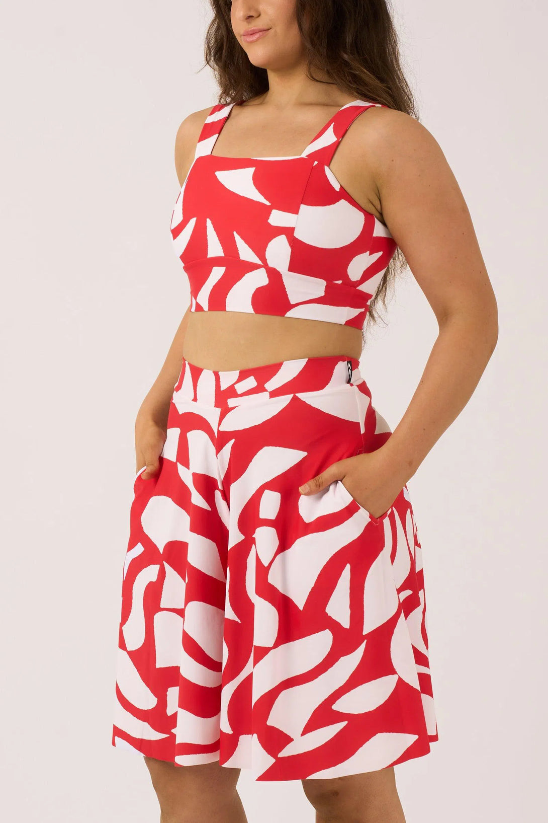 Red Geo Waves Silky - Palazzo Short With Pocket-Activewear-Exoticathletica