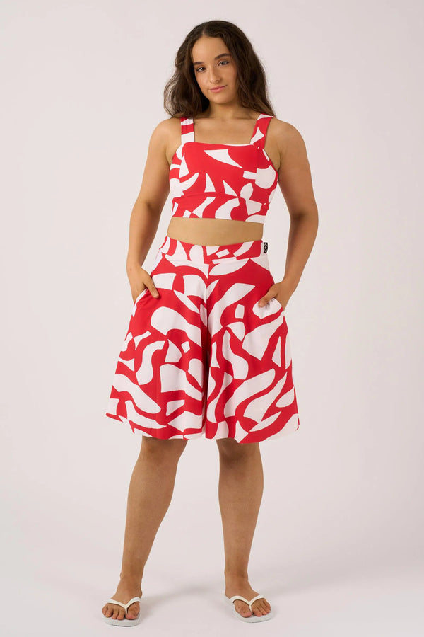 Red Geo Waves Silky - Palazzo Short With Pocket-Activewear-Exoticathletica