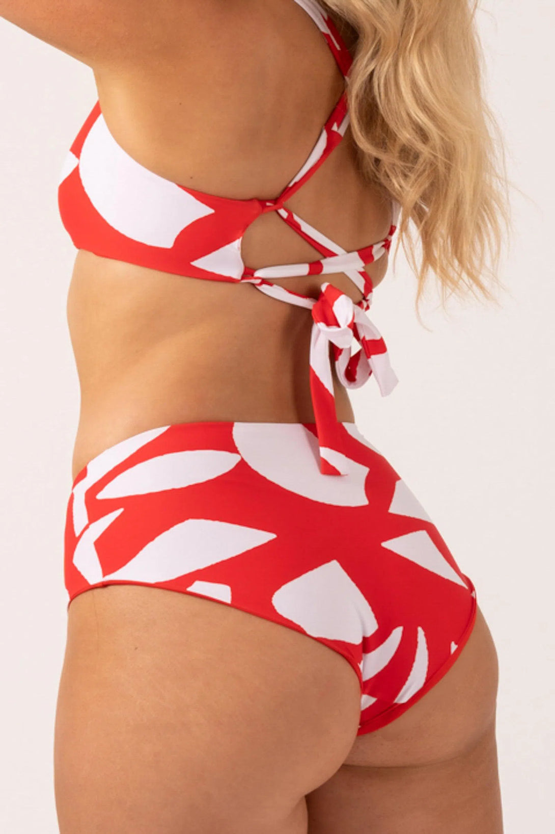 Red Geo Waves Silky - Reversible High Waisted Medium Cut Bikini Bottom-Activewear-Exoticathletica