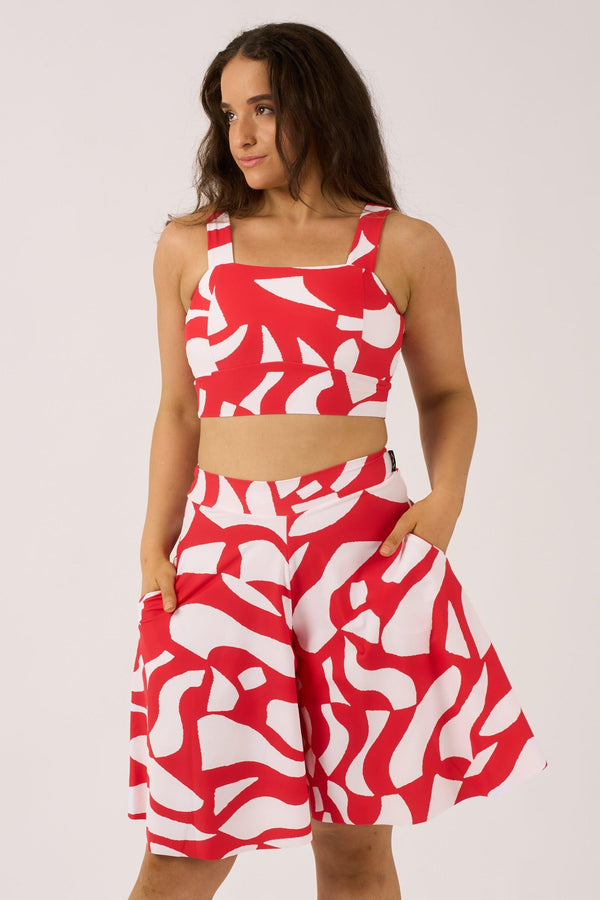 Red Geo Waves Silky - Square Neck Comfort Crop Top-Activewear-Exoticathletica