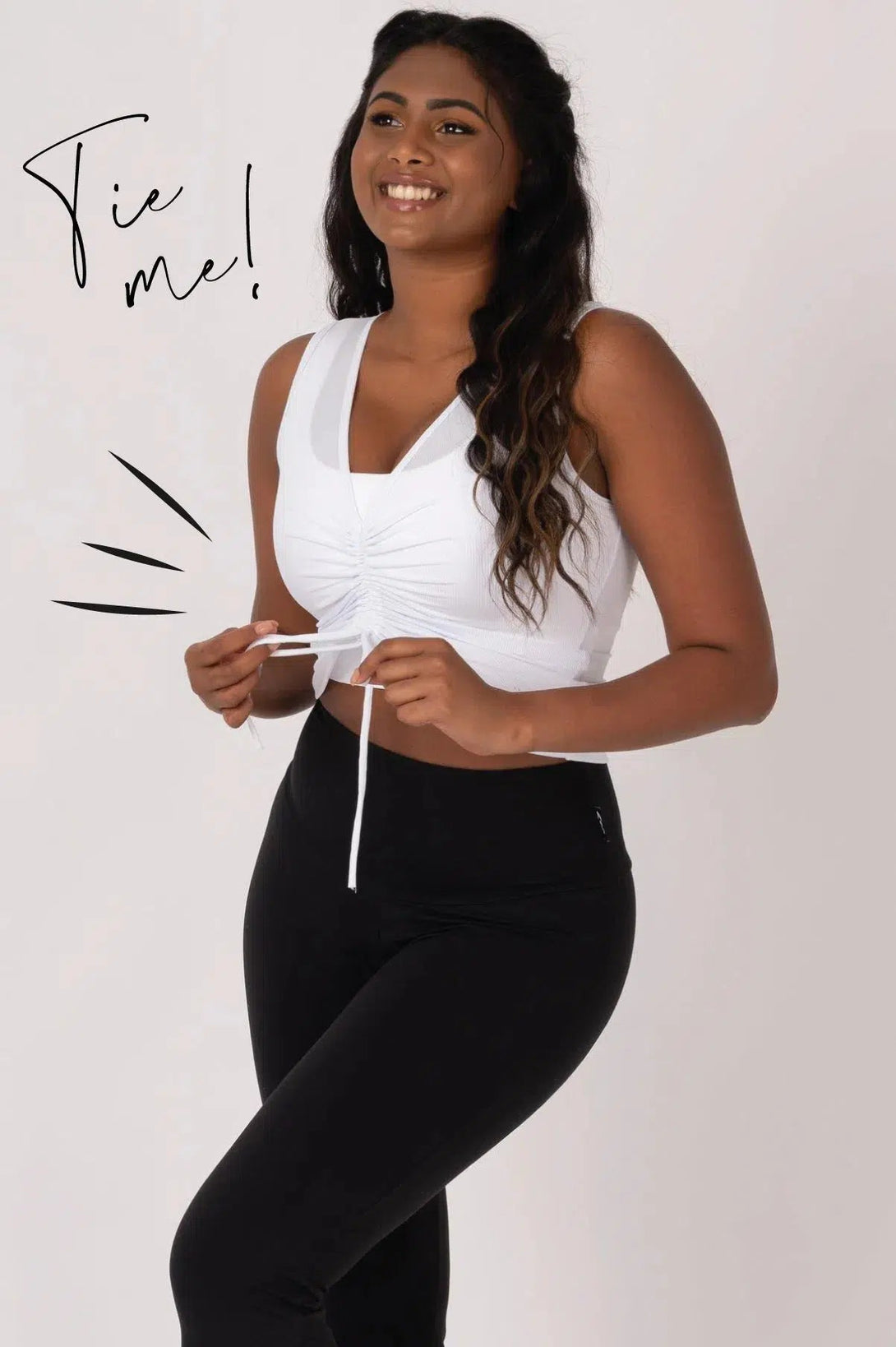 Rib Knit Cinched Front Fitted V Neck Tank - White-Activewear-Exoticathletica