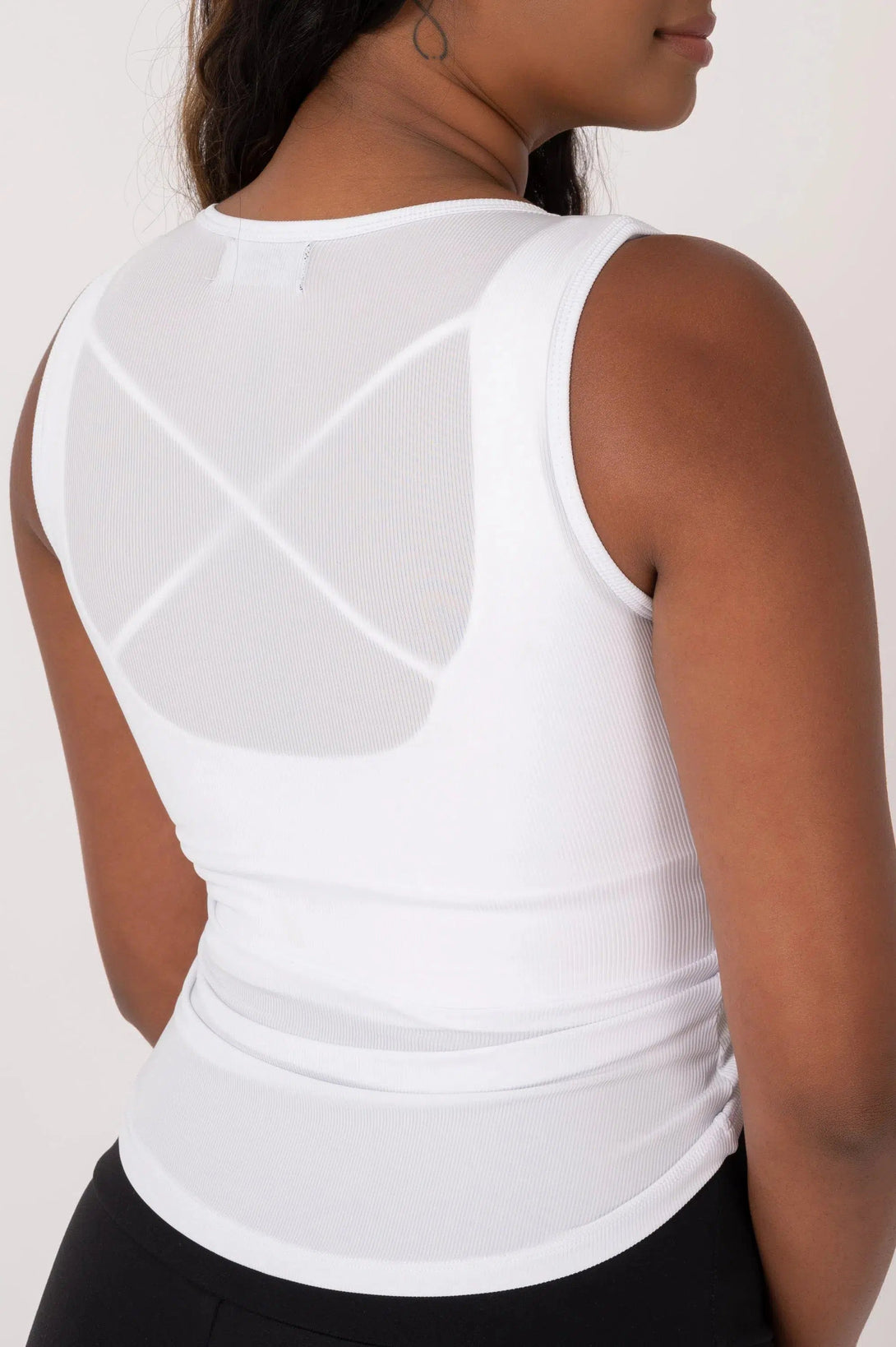 Rib Knit Cinched Front Fitted V Neck Tank - White-Activewear-Exoticathletica