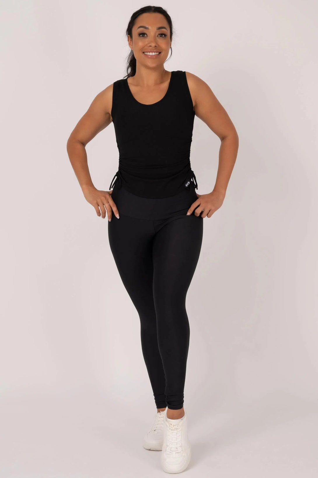 Rib Knit Cinched Side Fitted V Neck Tank - Black-Activewear-Exoticathletica