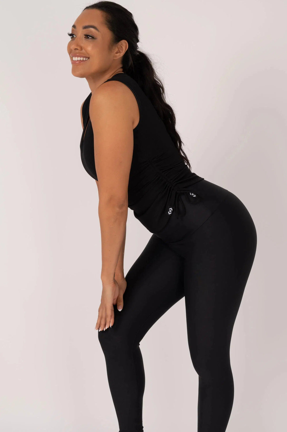 Rib Knit Cinched Side Fitted V Neck Tank - Black-Activewear-Exoticathletica