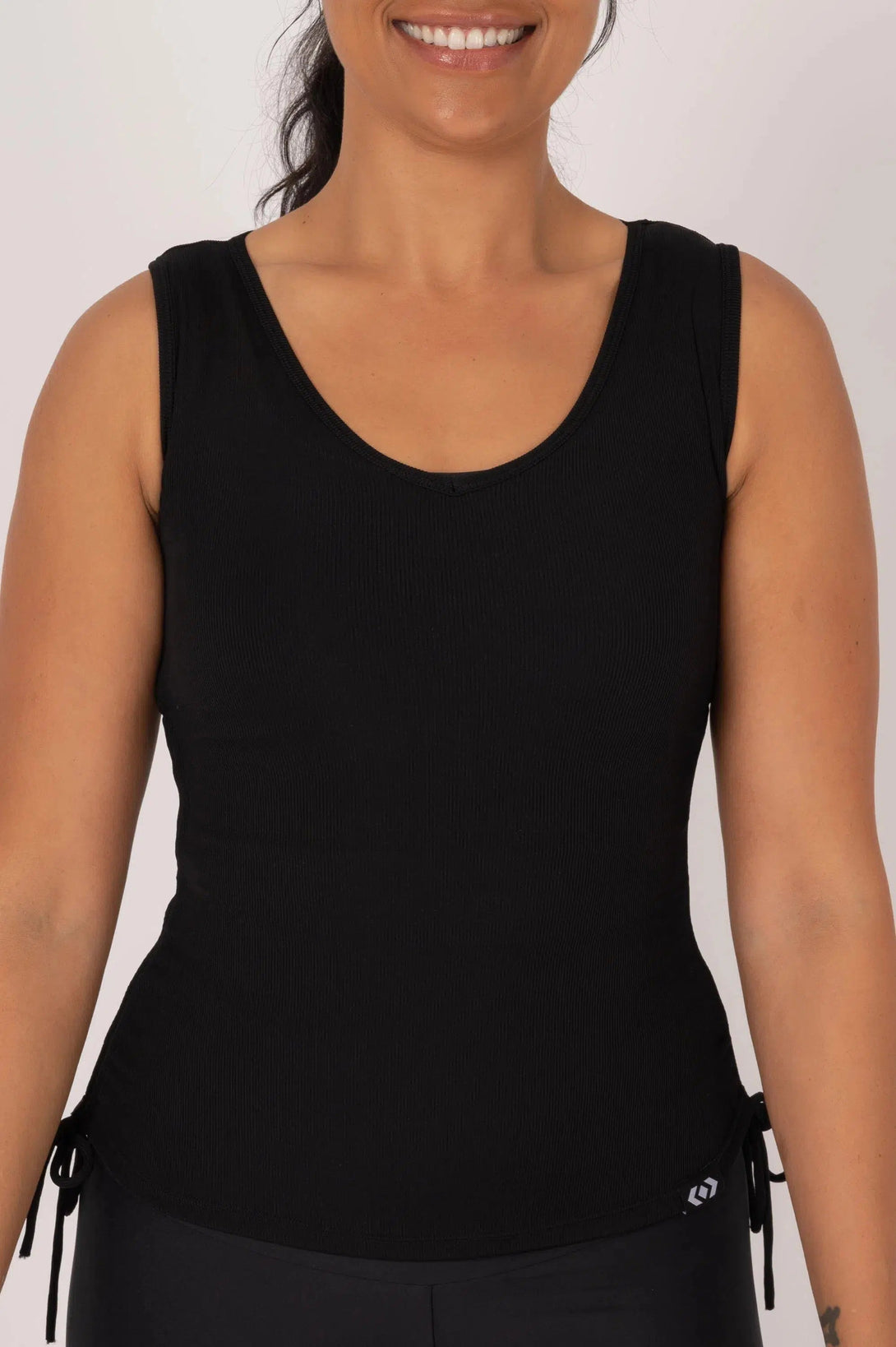 Rib Knit Cinched Side Fitted V Neck Tank - Black-Activewear-Exoticathletica