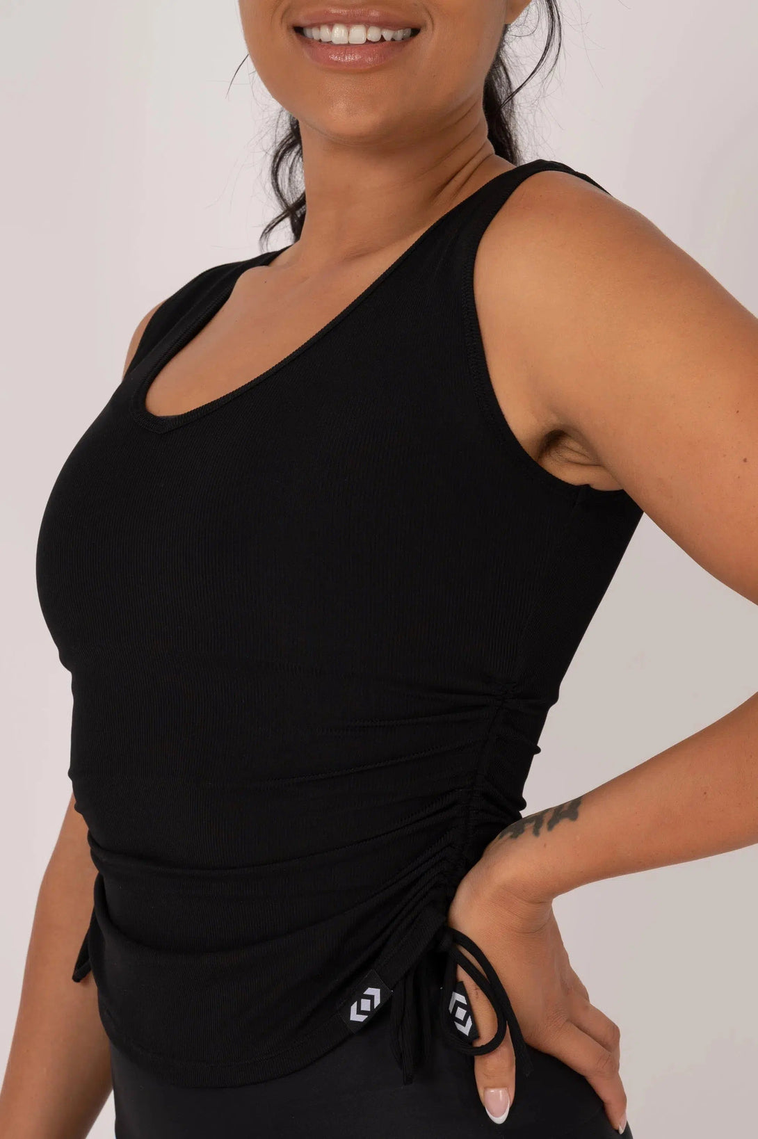 Rib Knit Cinched Side Fitted V Neck Tank - Black-Activewear-Exoticathletica