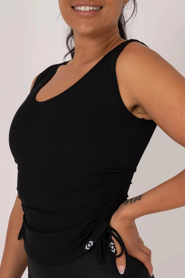 Rib Knit Cinched Side Fitted V Neck Tank - Black-Activewear-Exoticathletica