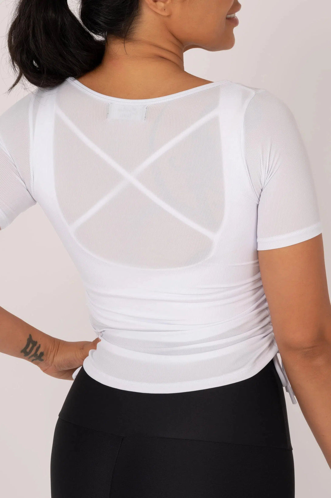 Rib Knit Cinched Side Fitted V Neck Tee - White-Activewear-Exoticathletica