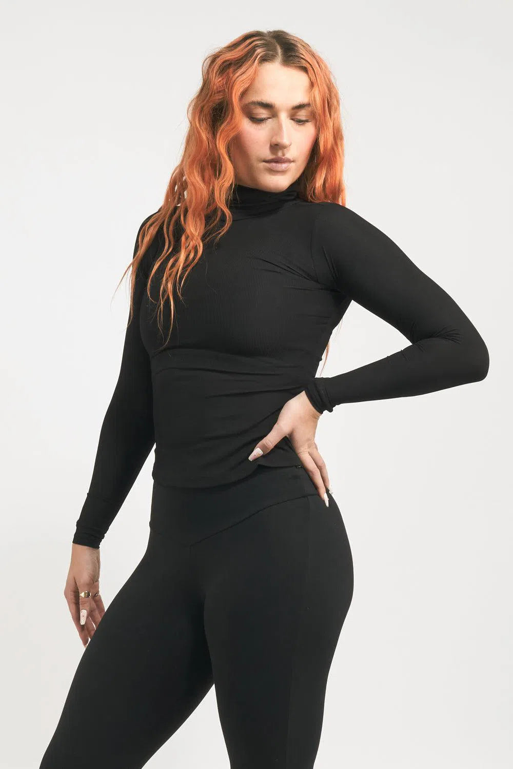 Rib Knit Fitted Turtle Neck W Long Sleeves - Black-Activewear-Exoticathletica