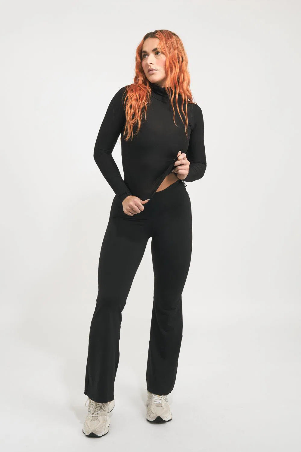 Rib Knit Fitted Turtle Neck W Long Sleeves - Black-Activewear-Exoticathletica