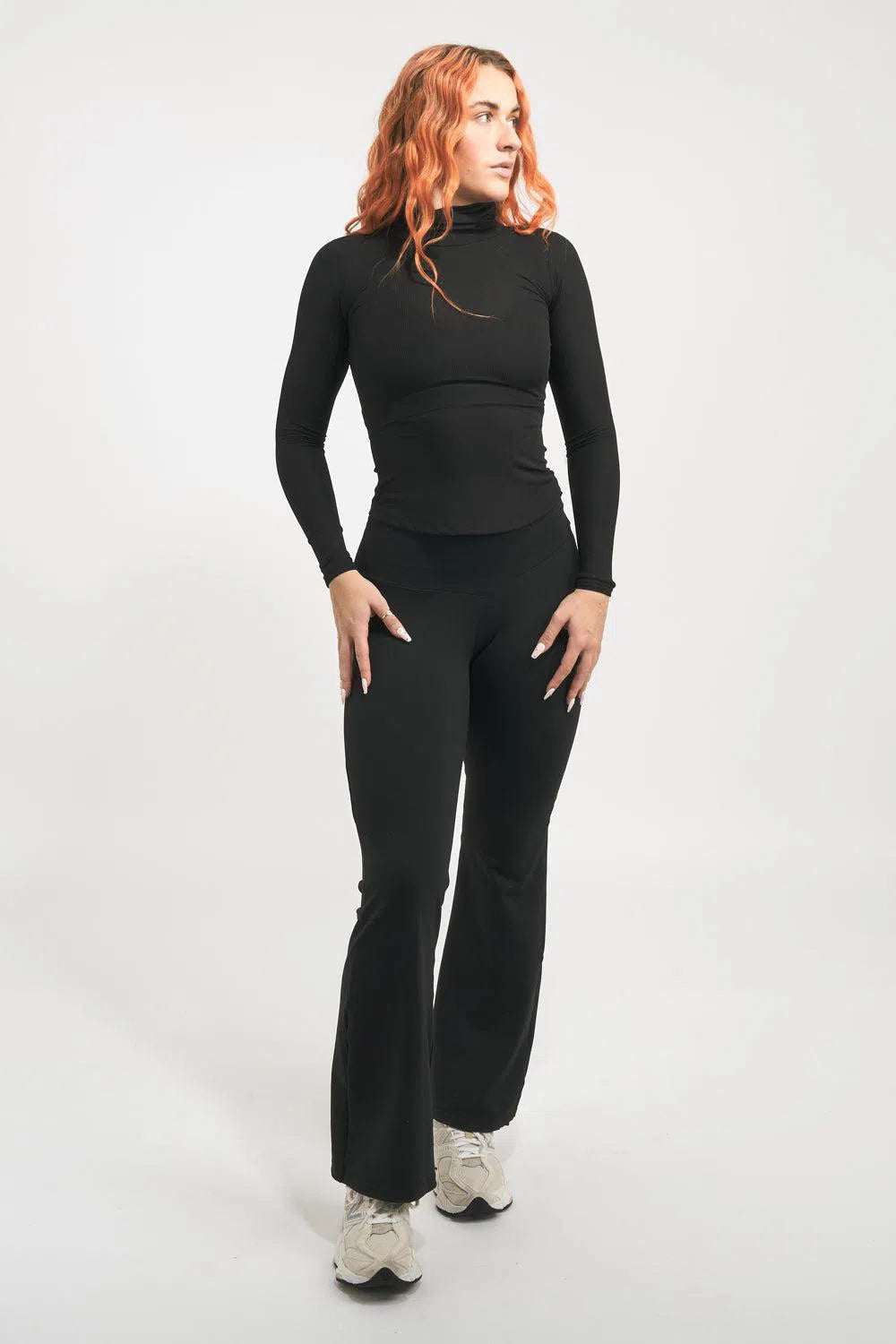 Rib Knit Fitted Turtle Neck W Long Sleeves - Black-Activewear-Exoticathletica