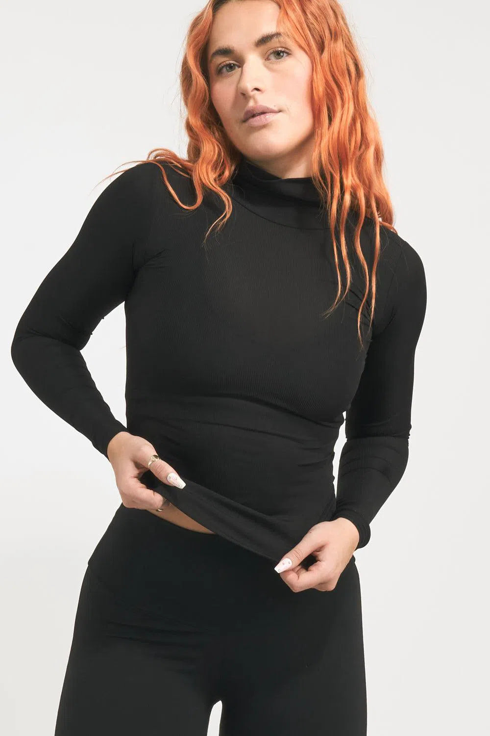 Rib Knit Fitted Turtle Neck W Long Sleeves - Black-Activewear-Exoticathletica